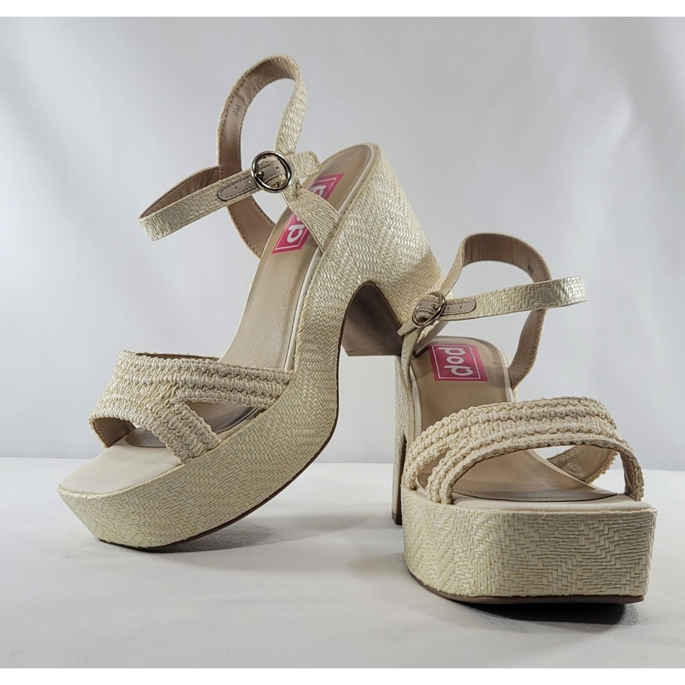 Pop Applaud Natural High Heeled Woven Sandals Sz 9M Buckle Closure Spring Summer